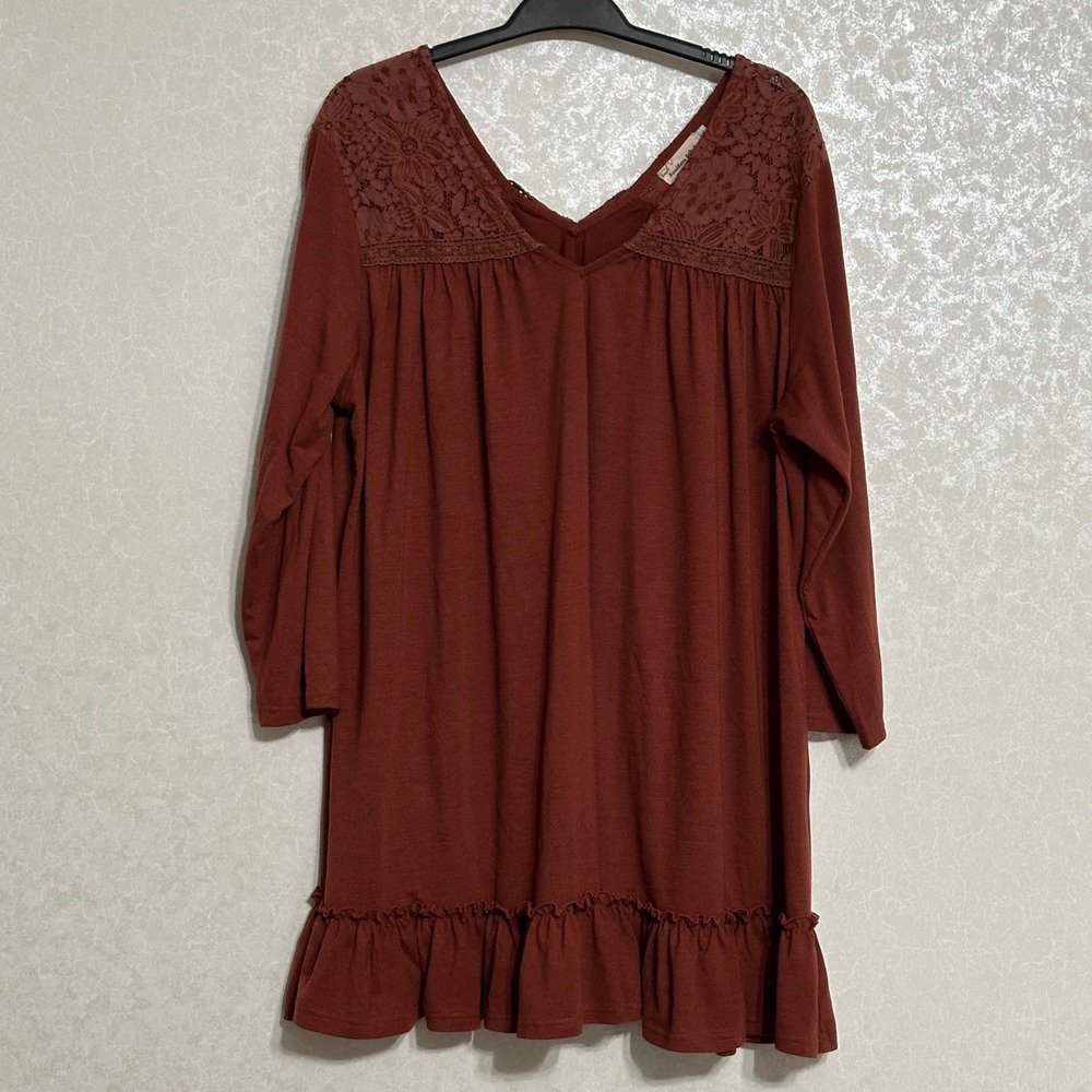 Southern Stitch Lace Yoke Ruffle Hem Tunic Top Peasant Boho Rust XL